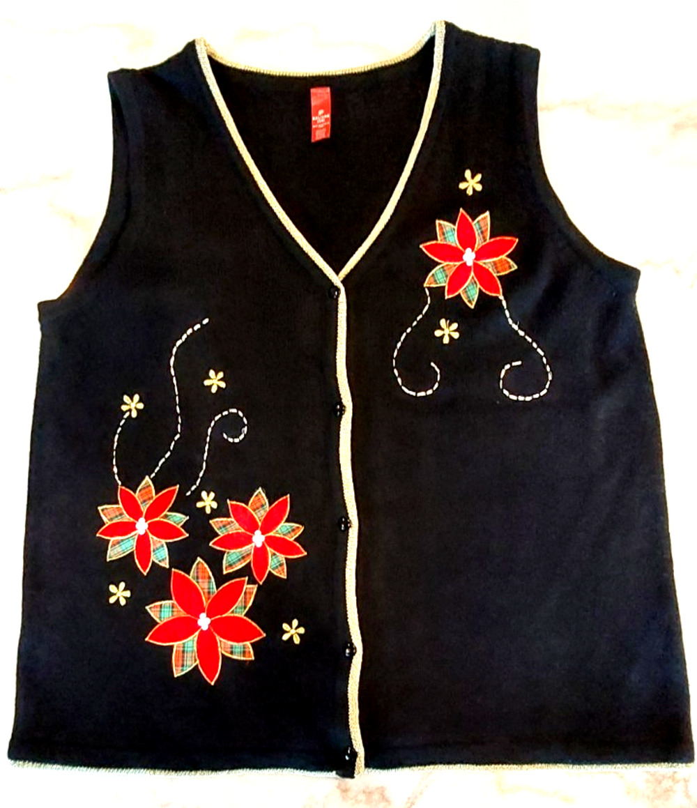 Vintage 90s Women's Black Knit Poinsettia Christmas Sweater Vest Size XXL